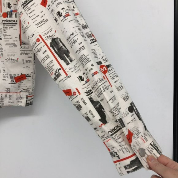 Miaou White Red Newsprint Denim cropped Jacket button front Lottery Ticket Multi - Picture 11 of 16